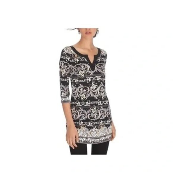 White House Black Market embellished Print V-Neck tunic top size Large - Picture 1 of 5
